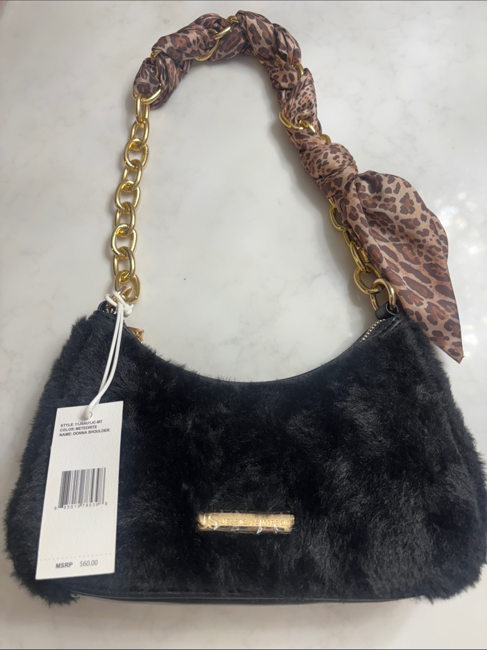 Black Faux Fur Shoulder Bag with Gold Chain and Leopard Scarf